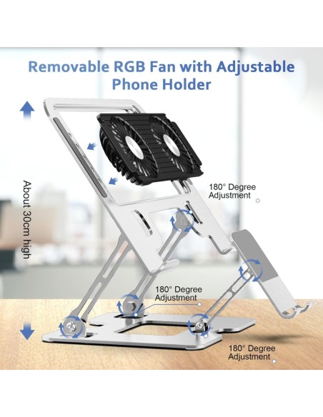 Support  PC Portable Aluminium - Argenté Ajustable avec Ventilateur RGB- Abidia Madagascar