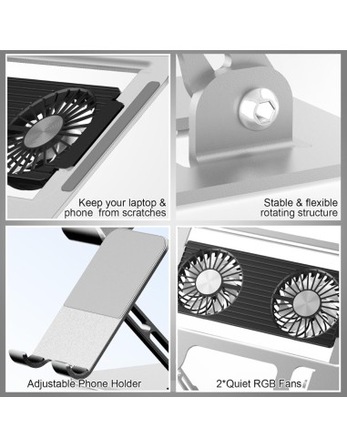 Support  PC Portable Aluminium - Argenté Ajustable avec Ventilateur RGB- Abidia Madagascar