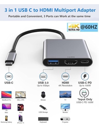 Adaptateur Multiport USB-C Hub 3-en-1 HDMI 4K & USB 3.0 &Type C Noir- Abidia Madagascar