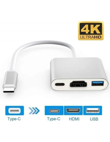 Adaptateur Multiport USB-C Hub 3-en-1 HDMI 4K & USB 3.0 &Type C Blanc - Abidia Madagascar