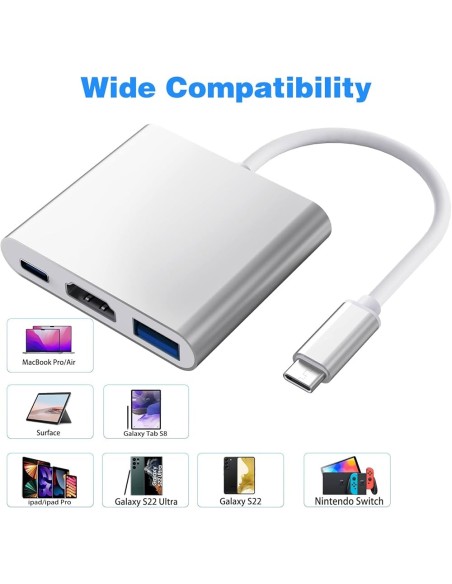 Adaptateur Multiport USB-C Hub 3-en-1 HDMI 4K & USB 3.0 &Type C Blanc - Abidia Madagascar