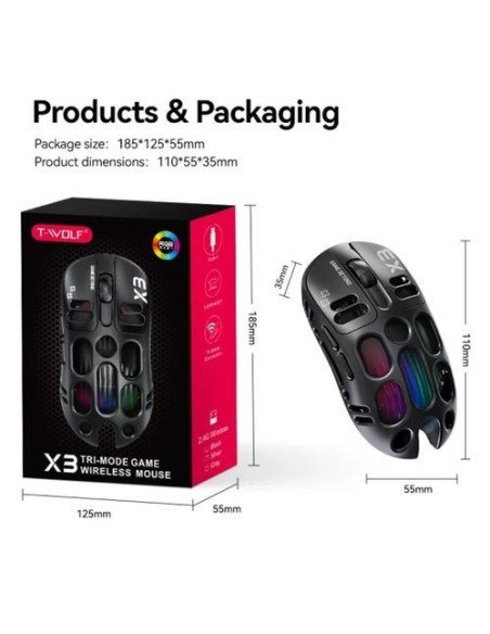 Souris Gaming T-WOLF X3 Noir Sans Fil Tri-Mode & RGB | Abidia Madagascar