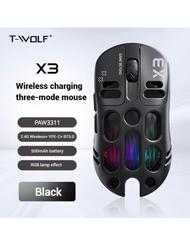 Souris Gaming T-WOLF X3 Noir Sans Fil Tri-Mode & RGB | Abidia Madagascar