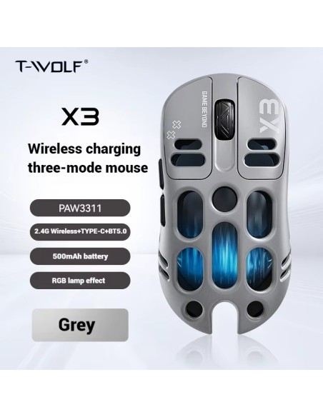 Souris Gaming T-WOLF X3 Sans Fil Tri-Mode Gris / Gray | Abidia Madagascar