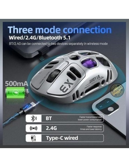 Souris Gaming T-WOLF X3 Sans Fil Tri-Mode Gris / Gray | Abidia Madagascar