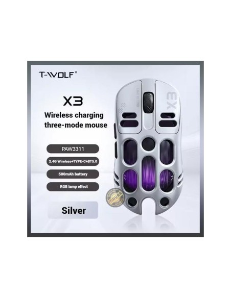 Souris Gaming T-WOLF X3 Sans Fil Tri-Mode Argent / Silver | Abidia Madagascar