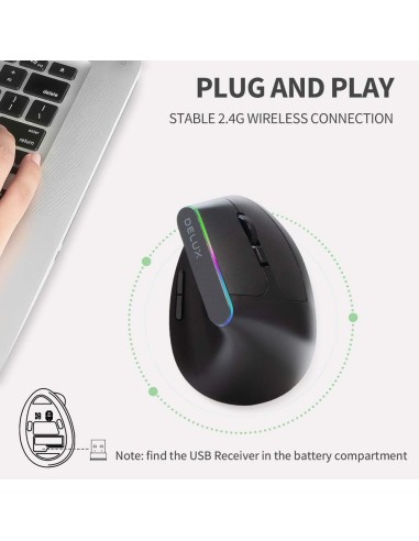 Delux Souris Ergonomique Sans Fil Verticale – 2,4G USB, 6 Boutons, 1600 DPI, Lumière RGB, Design Anti-Fatigue-Abidia Madagascar