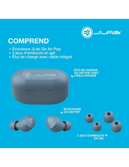 JLab Go Air Bleu – Écouteurs True Wireless Bluetooth, Son Clair & Confort Durable -abidia Madagascar