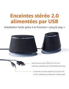 Haut-parleur PC Amazon Basics USB – Enceintes 2.0 2,4W, basses puissantes, LED bleue, métal noir - abidia Madagascar 2