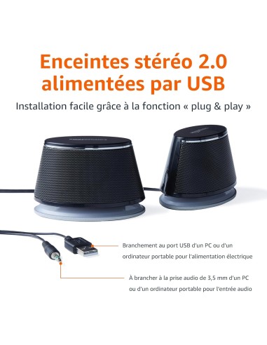 Haut-parleur PC Amazon Basics USB – Enceintes 2.0 2,4W, basses puissantes, LED bleue, métal noir - abidia Madagascar