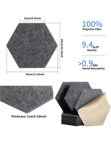 Panneaux Acoustiques Hexagonaux Auto-Adhésifs gris foncé – Mousse Insonorisante 260 x 300 mm, Épaisseur 9 mm-abidia madagascar