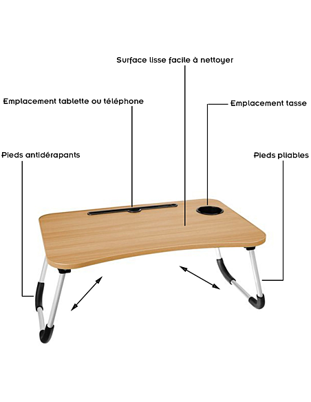 Table pliable couleur bois – Bureau ordinateur portable 60x40x28cm | Abidia Madagascar