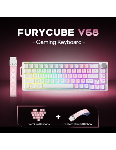Clavier Furycube V68 Blanc & Rose - Mécanique 65% Hot-Swap|Abidia Madagascar