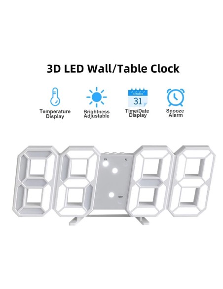 Horloge LED 3D Blanc Murale & Bureau - Réveil Digital avec Température & Luminosité Auto