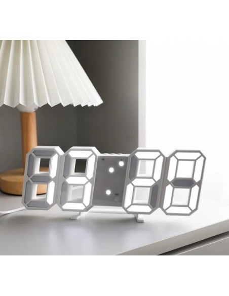 Horloge LED 3D Blanc Murale & Bureau - Réveil Digital avec Température & Luminosité Auto