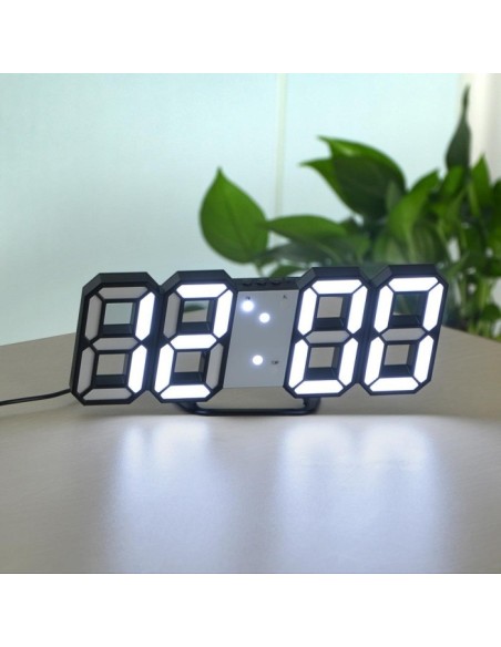 Horloge LED 3D Noir Murale & Bureau - Réveil Digital avec Température & Luminosité Auto