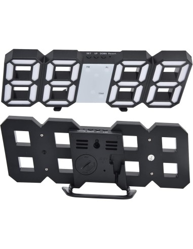 Horloge LED 3D Noir Murale & Bureau - Réveil Digital avec Température & Luminosité Auto
