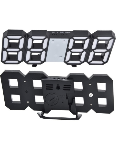 Horloge LED 3D Noir Murale & Bureau - Réveil Digital avec Température & Luminosité Auto