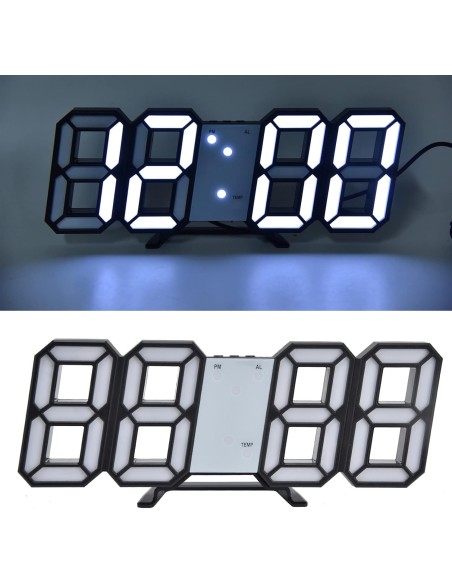 Horloge LED 3D Noir Murale & Bureau - Réveil Digital avec Température & Luminosité Auto