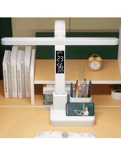 Lampe de Bureau LED avec Horloge, Calendrier & Porte-Stylos - Design Blanc 2