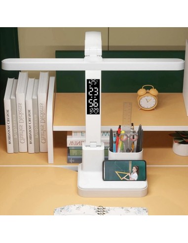 Lampe de Bureau LED avec Horloge, Calendrier & Porte-Stylos - Design Blanc