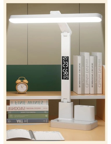 Lampe de Bureau LED avec Horloge, Calendrier & Porte-Stylos - Design Blanc