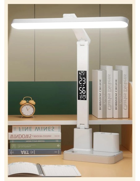 Lampe de Bureau LED avec Horloge, Calendrier & Porte-Stylos - Design Blanc