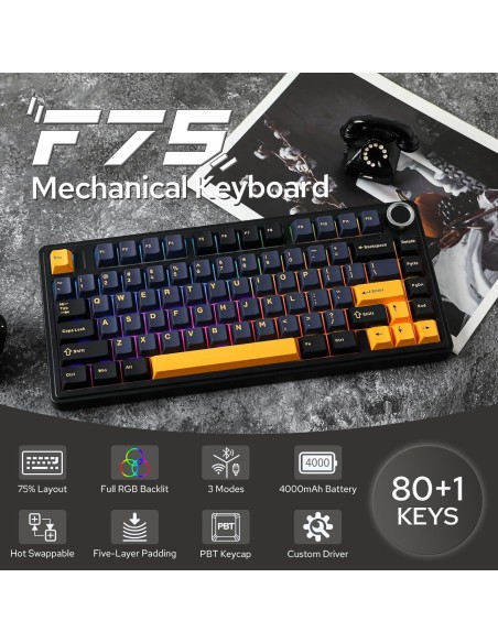 Clavier AULA F75 Noir Bleu Jaune - Tri-Mode Gasket Hot-Swap|Abidia Madagascar